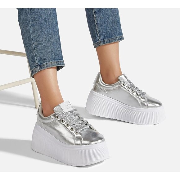 Brand New Women Silver Rubber Platform Sneakers Wedge Walking Shoes Retro - Picture 8 of 8